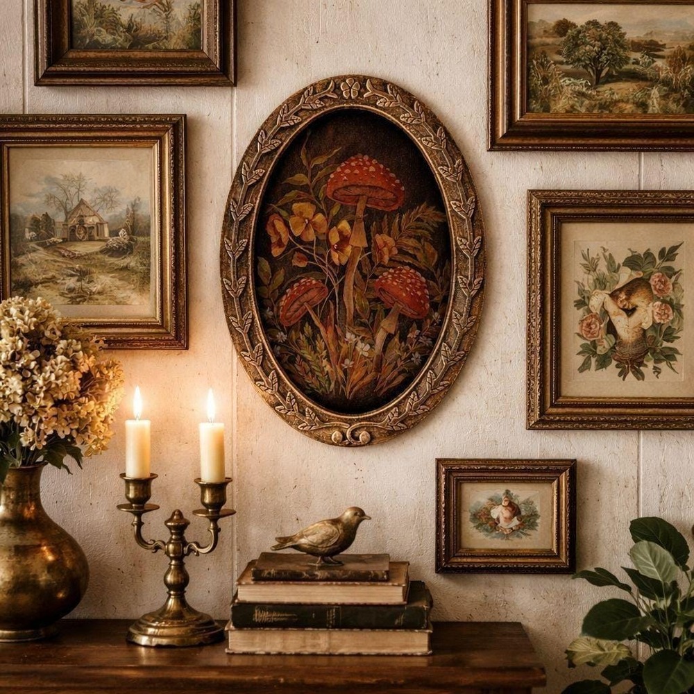 Hidden Garden Mushroom Botanical Framed Wall Art Vintage Style Ornate Frame - Picture 2 of 7